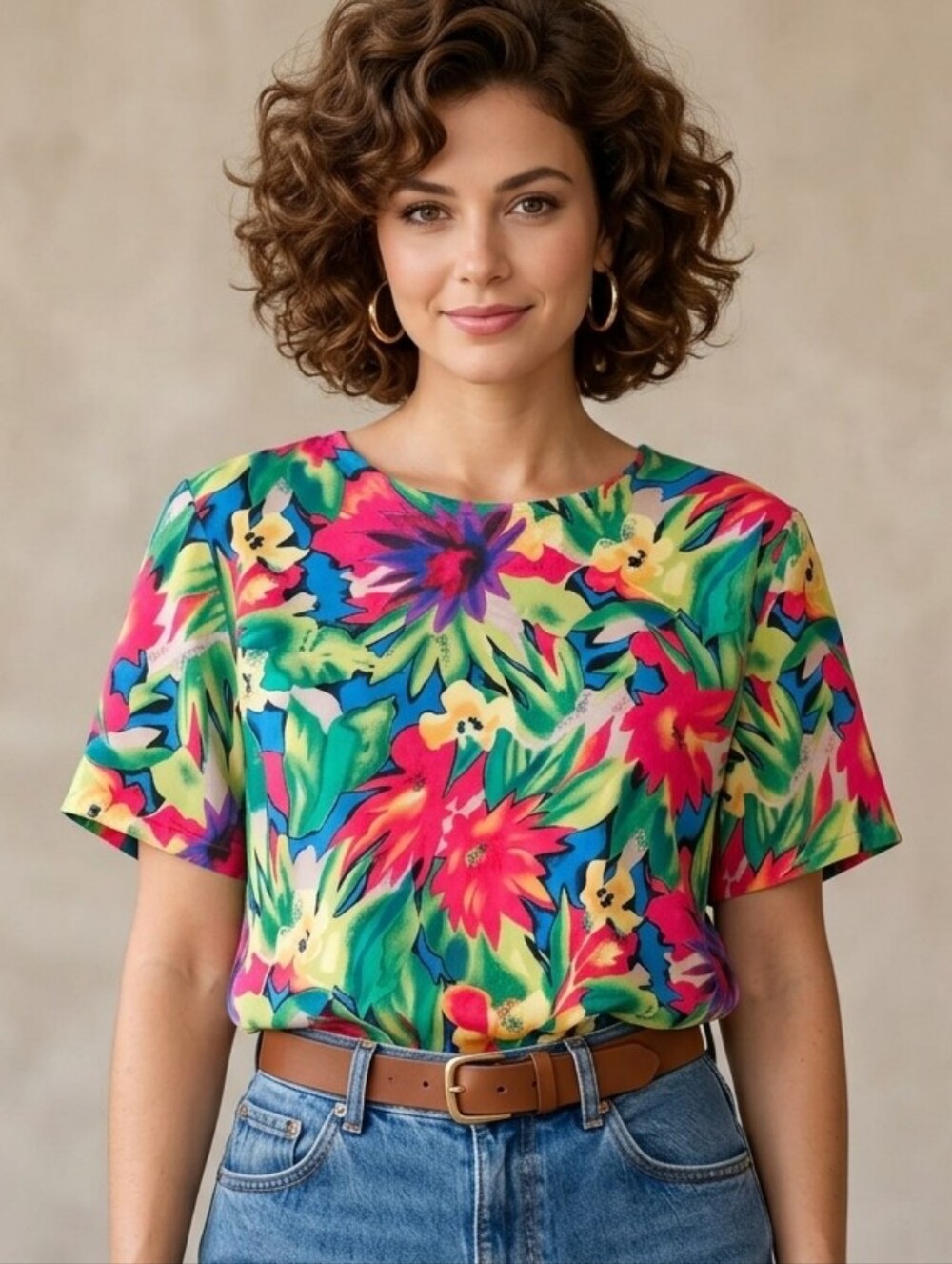 Fritzi Vintage Bright Floral Top Single Stitch USA Tropical 80s Maximalism L
